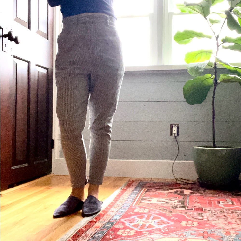 Finders Keepers women’s pin-striped jodhpur style pants blue and white.
